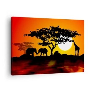 Canvas picture - African sunset with silhouettes of elephants and giraffes over the water - 70x50cm - Encounter on a Savannah - Modern wall decoration for the living room and bedroom ARTTOR
