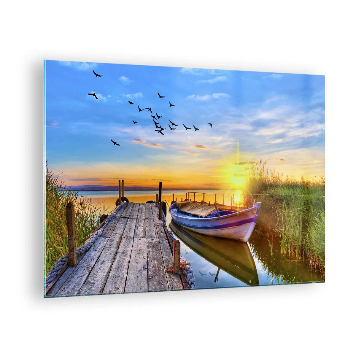 Glass picture - Wooden pier over a lake with a boat at sunrise - 70x50cm - Goodbye, See You tomorrow - Modern wall decoration for the living room and bedroom ARTTOR