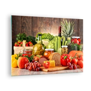 Glass picture - Colorful vegetables, fruits, bread and preserves on a wooden background - 70x50cm - Smoked, Baked, Marinated - Modern wall decoration for the living room and bedroom ARTTOR