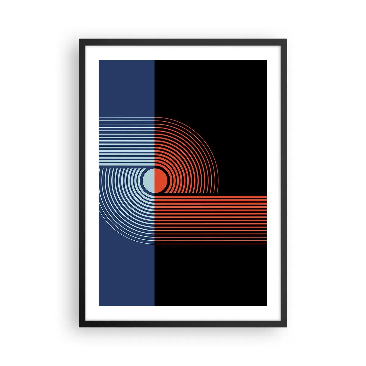 Poster in black frame - Geometric composition with lines in navy blue and orange. - 50x70cm - In a Geometrical Embrace - Modern wall decoration for the living room and bedroom ARTTOR