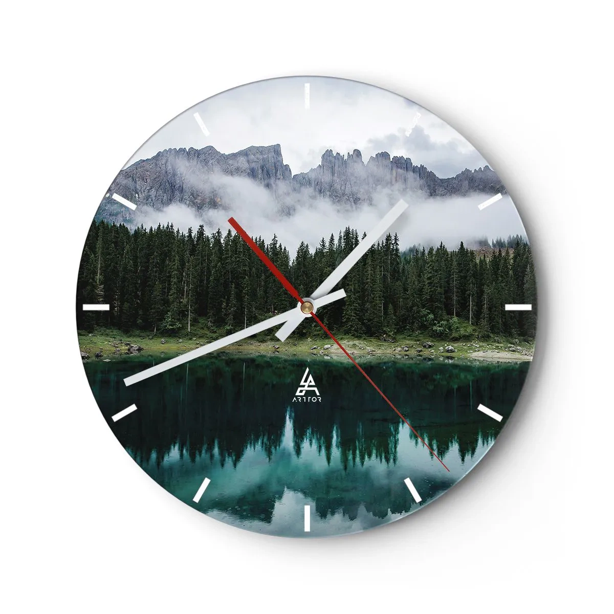 Wall clock - Clock on glass - Misty mountains and forest reflected in a calm mountain lake - 30x30cm - Quiet Please, Let's Not Wake Up Still Waters - Modern wall decoration for the living room, kitchen, and bedroom ARTTOR