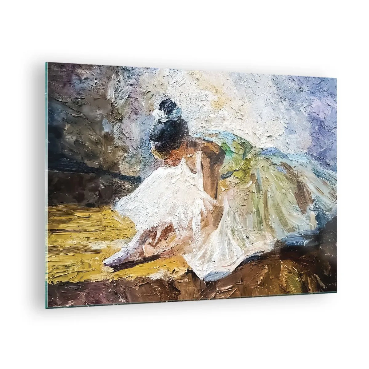 Glass picture - A ballerina leaning forward in a white dress painted with an oil texture - 70x50cm - From Degas' Painting - Modern wall decoration for the living room and bedroom ARTTOR