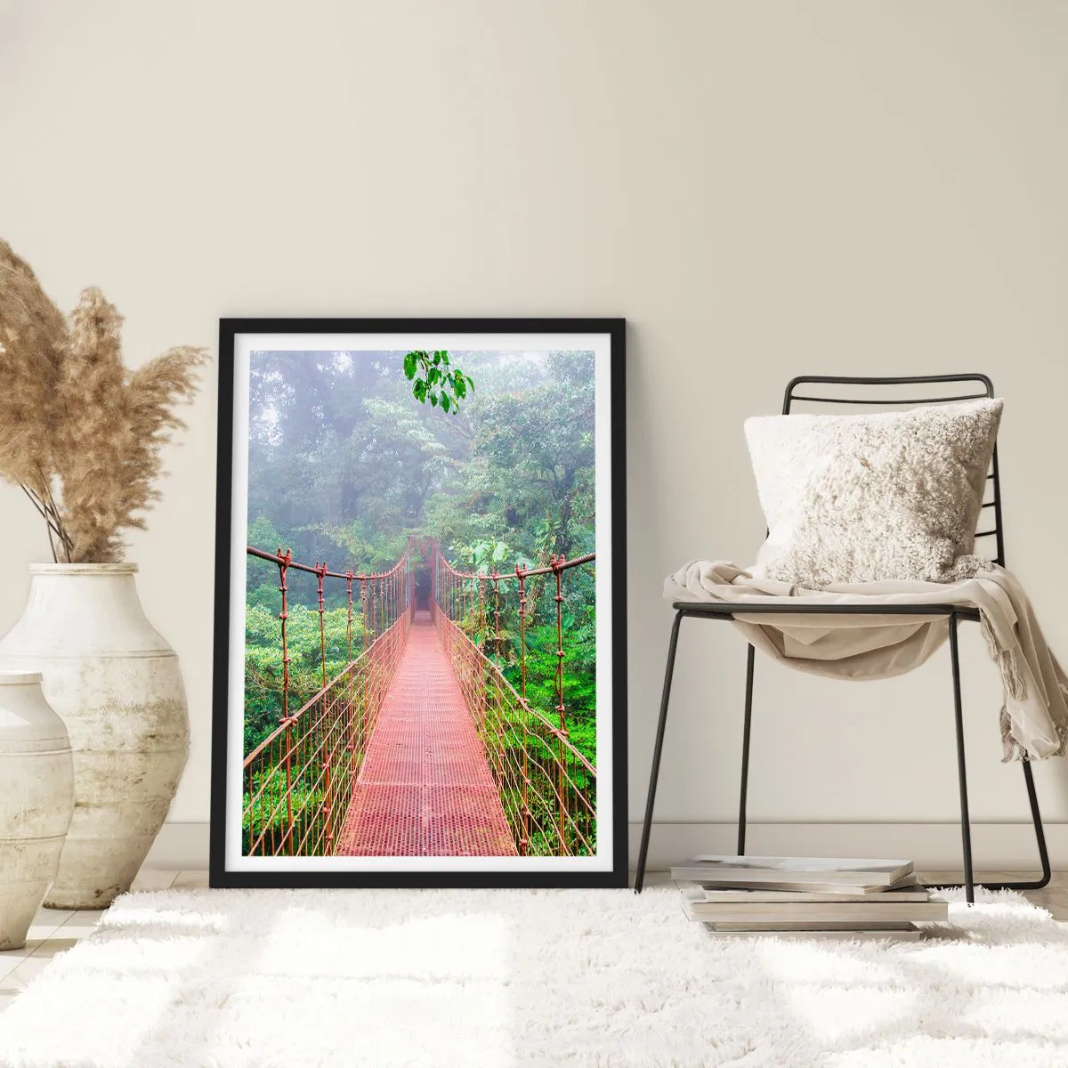 Poster in black frame - A hanging bridge in a tropical forest shrouded in fog - 50x70cm - Suspended above Crowns - Modern wall decoration for the living room and bedroom ARTTOR