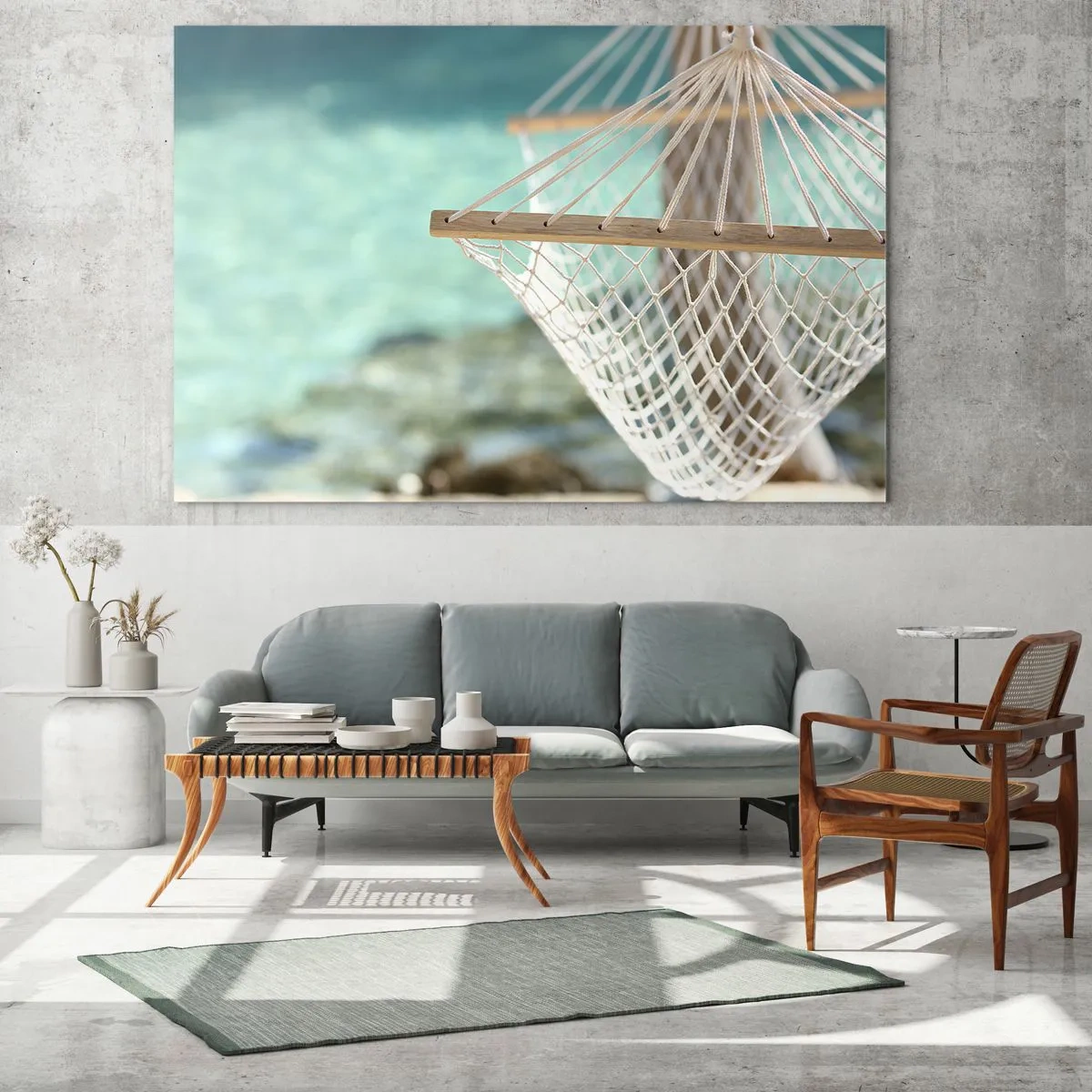 Glass picture - A hammock overlooking the crystal clear turquoise waters - 70x50cm - Relax Time - Modern wall decoration for the living room and bedroom ARTTOR