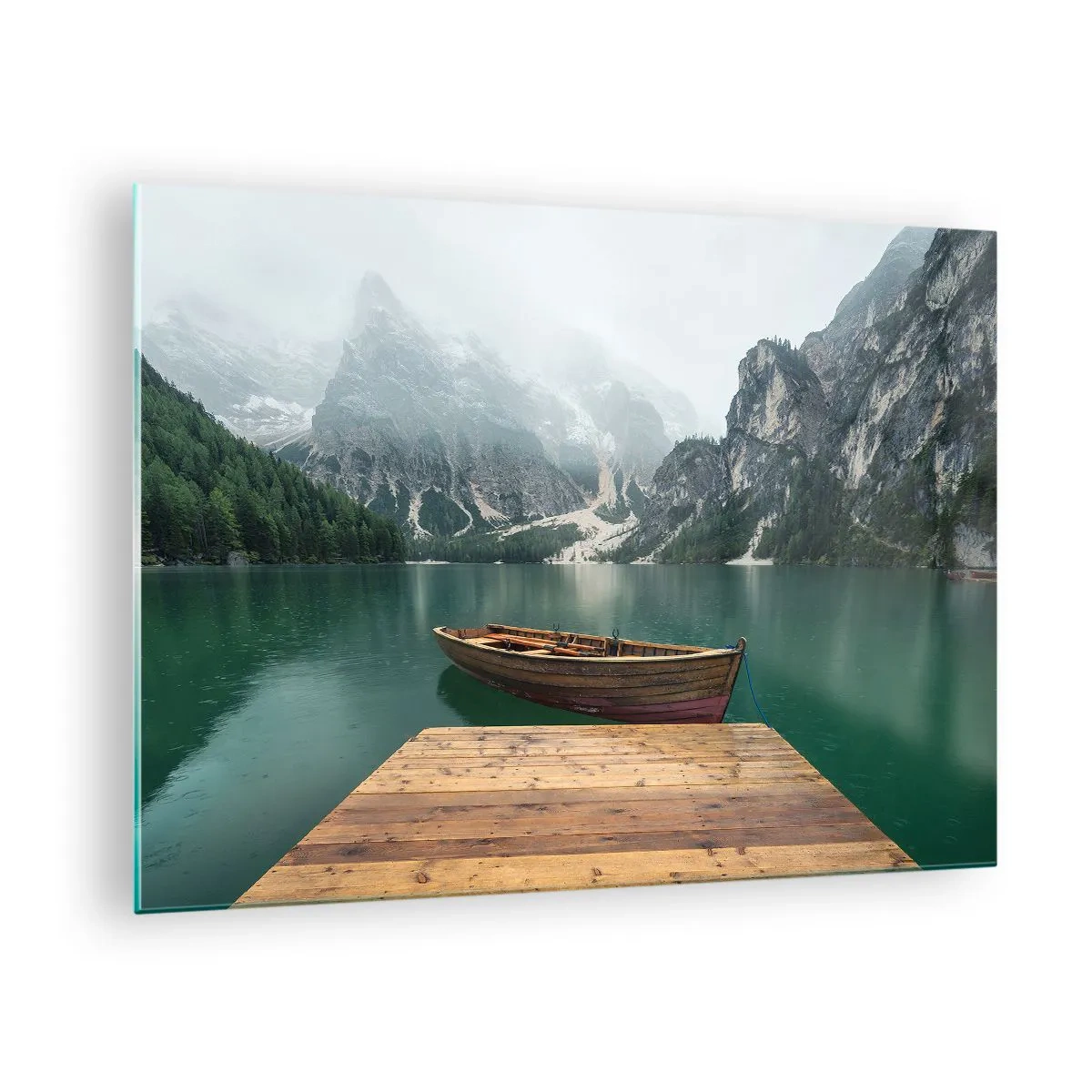 Glass picture - A boat at the piers on a lake in a mountainous scenery with fog - 70x50cm - Boat Found Solitude - Modern wall decoration for the living room and bedroom ARTTOR