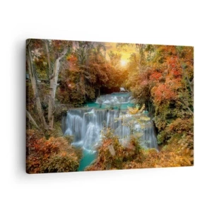 Canvas picture - Autumn waterfall surrounded by colorful trees in the sunlight - 70x50cm - Hidden Forest Treasure - Modern wall decoration for the living room and bedroom ARTTOR