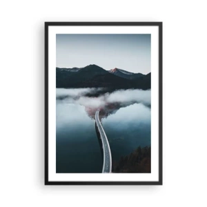 Poster in black frame - A bridge over a tranquil lake, reflecting the mountains in the background. - 50x70cm - By the Water Smooth as a Mirror - Modern wall decoration for the living room and bedroom ARTTOR