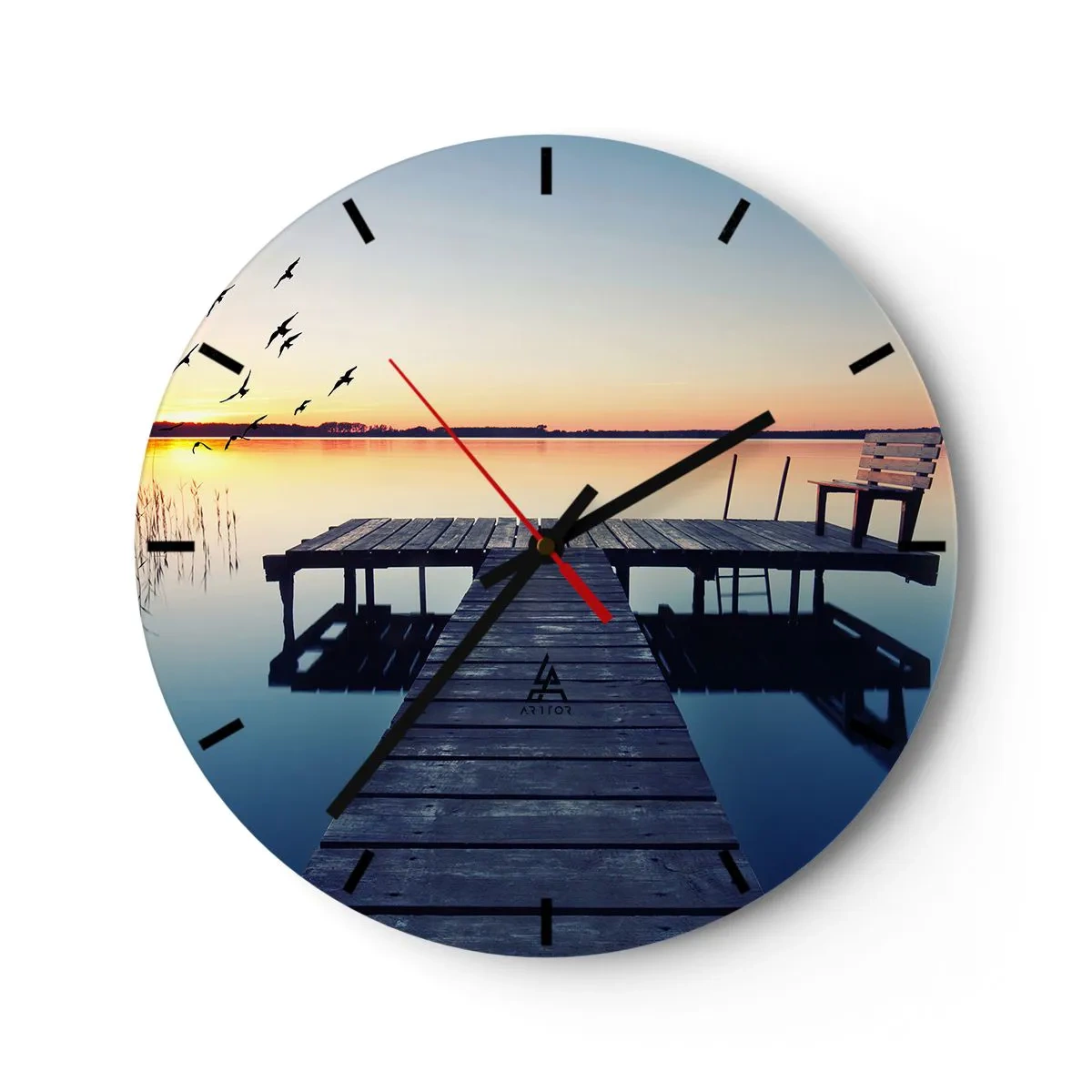 Wall clock - Clock on glass - A pier over a calm lake at sunset - 30x30cm - It Was a Good Day - Modern wall decoration for the living room, kitchen, and bedroom ARTTOR