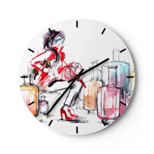 Wall clock - Clock on glass - A woman in a red coat surrounded by suitcases and travel accessories. - 30x30cm - Let's Sit down before Travel - Modern wall decoration for the living room, kitchen, and bedroom ARTTOR