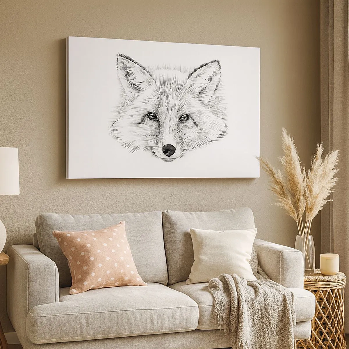 Canvas picture - Black and white drawing of a fox head on a white background - 70x50cm - Foxy Look - Modern wall decoration for the living room and bedroom ARTTOR