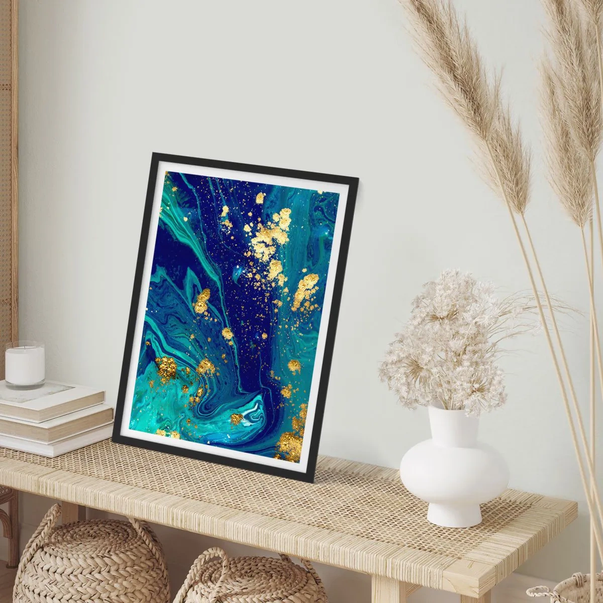 Poster in black frame - Abstract pattern in shades of blue and gold - 50x70cm - Sun Flakes - Modern wall decoration for the living room and bedroom ARTTOR
