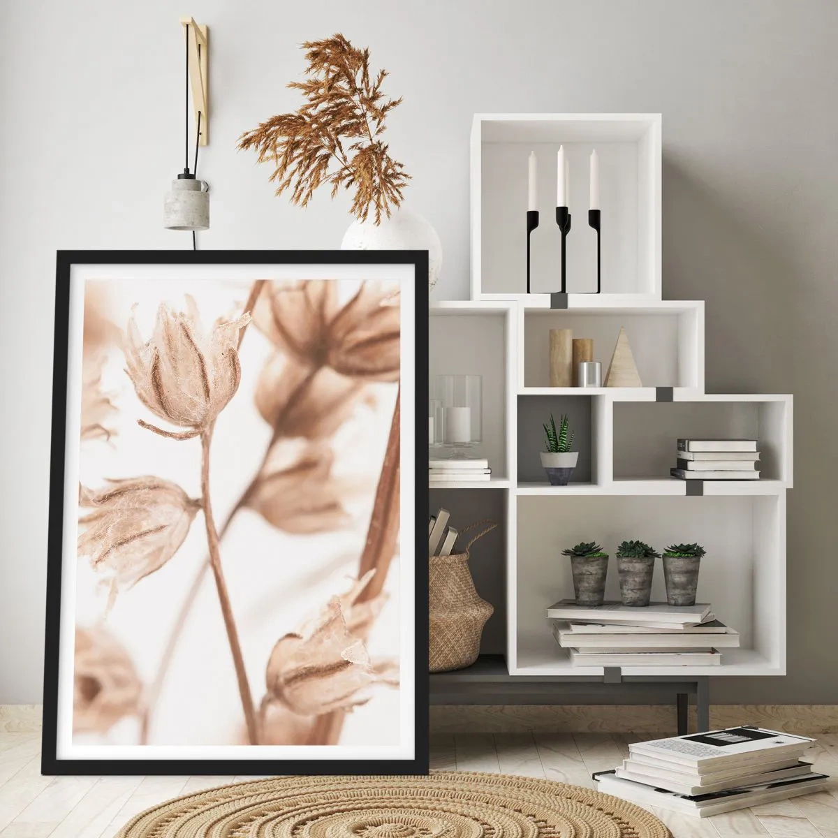 Poster in black frame - Dried plants in sepia on a light background - 50x70cm - Ringing at the End of Summer - Modern wall decoration for the living room and bedroom ARTTOR