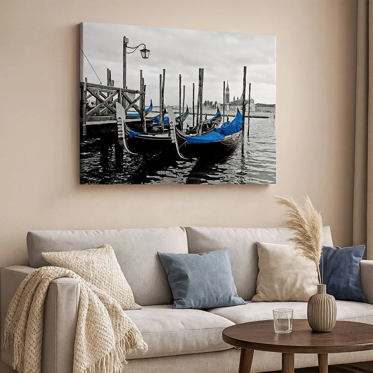 Canvas picture - Gondolas in Venice with blue covers - 70x50cm - Thoughtful Venice - Modern wall decoration for the living room and bedroom ARTTOR