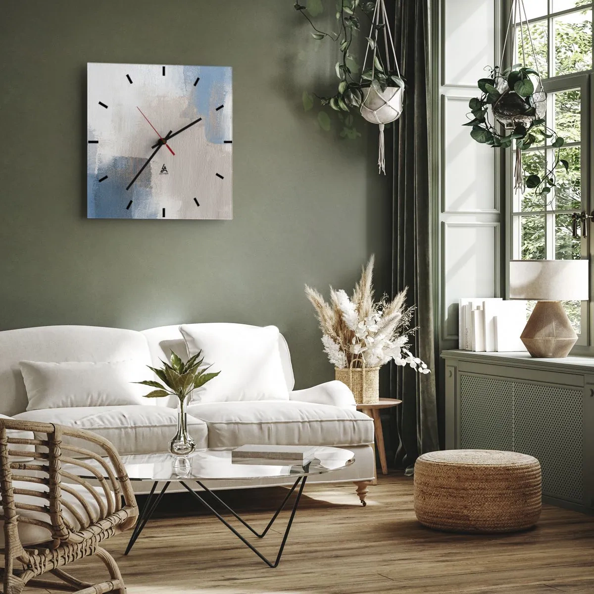 Wall clock - Clock on glass - Pink Abstract with a Blue Curtain - 40x40 cm