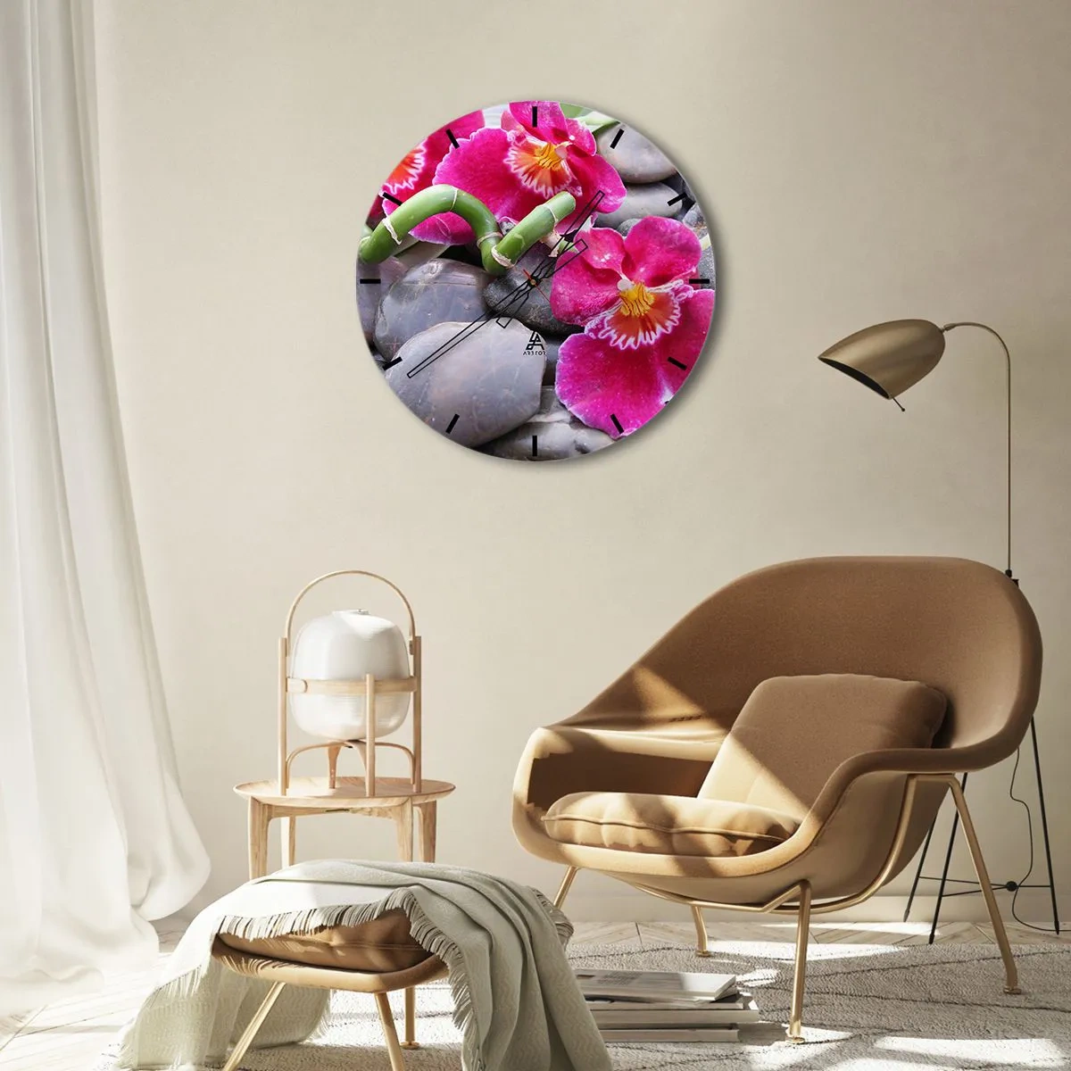 Wall clock - Clock on glass - Pink orchids on stones with green bamboo - 30x30cm - Coolness and Heat - Modern wall decoration for the living room, kitchen, and bedroom ARTTOR