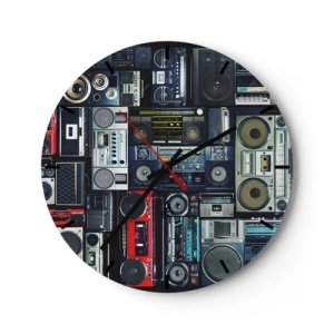 Wall clock - Clock on glass - Colorful retro-style radios and tape recorders - 30x30cm - Nostalgy for the 80-ies - Modern wall decoration for the living room, kitchen, and bedroom ARTTOR
