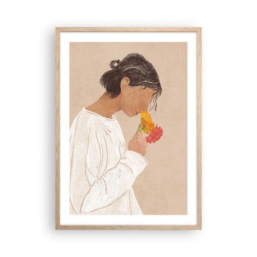 Poster in light oak frame - Girl and Flowers - 50x70 cm