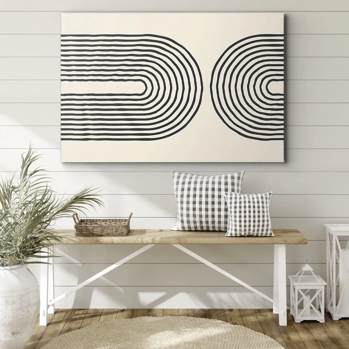 Canvas picture - Abstract geometric pattern with symmetrical lines on a light background - 70x50cm - In One Moment… - Modern wall decoration for the living room and bedroom ARTTOR
