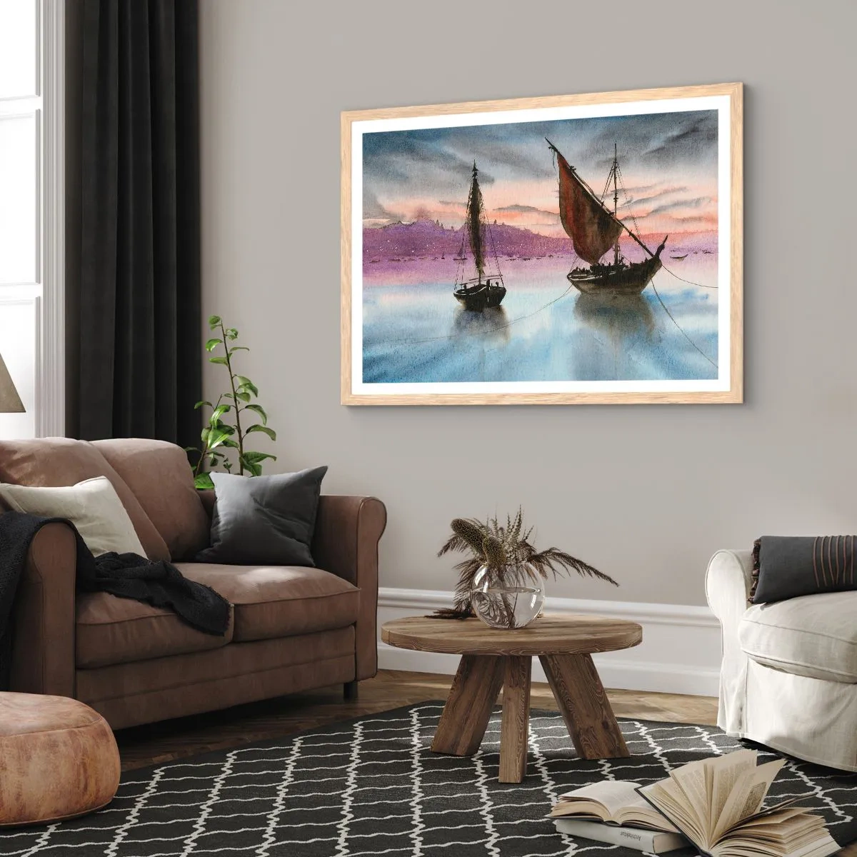 Poster in light oak frame - Evening at the Port - 91x61 cm