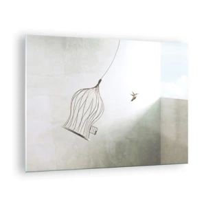 Glass picture - An open cage and a hummingbird flying away in daylight - 70x50cm - In His Element - Modern wall decoration for the living room and bedroom ARTTOR