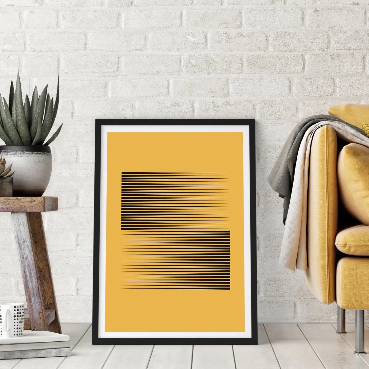 Poster in black frame - A minimalistic composition of lines on a mustard background. - 50x70cm - Square Opposites - Modern wall decoration for the living room and bedroom ARTTOR