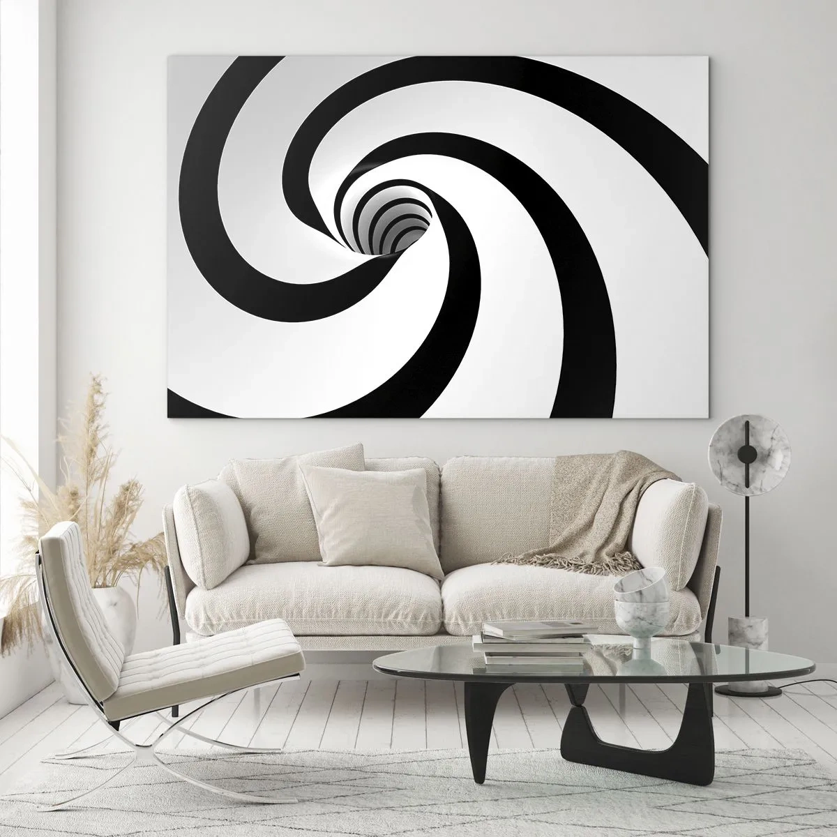 Glass picture - Hypnotic spiral pattern in black and white - 70x50cm - Let the Whirl Draw You in? - Modern wall decoration for the living room and bedroom ARTTOR