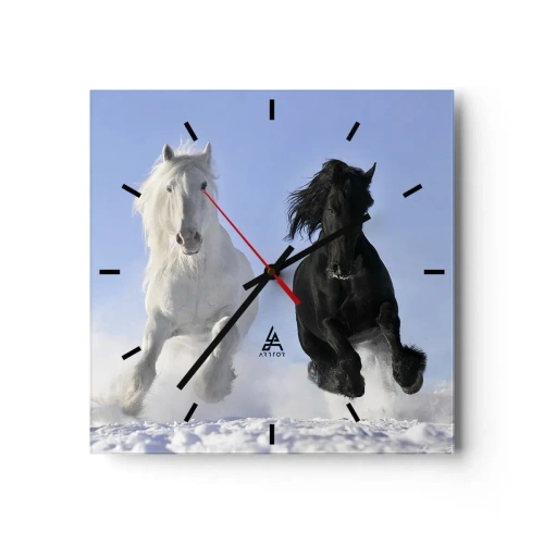 Wall clock - Clock on glass - Black and White Gallop - 30x30 cm