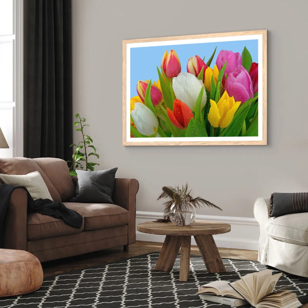 Poster in light oak frame - Floral Rainbow in Dew Drops - 70x50 cm