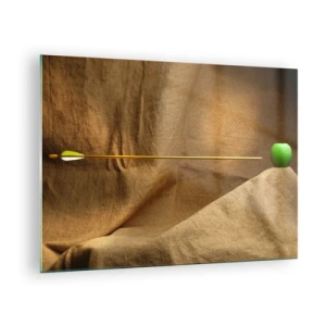 Glass picture - A green apple on a beige background with an arrow piercing it. - 70x50cm - Calling Wihelm Tell Spirit - Modern wall decoration for the living room and bedroom ARTTOR