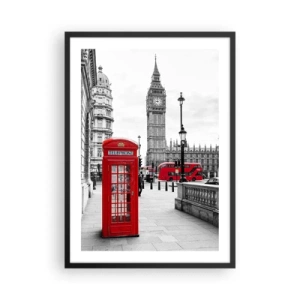 Poster in black frame - A red telephone box with Big Ben and a bus in the background. - 50x70cm - Undoubtedly London - Modern wall decoration for the living room and bedroom ARTTOR