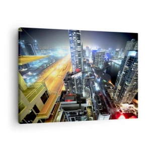 Canvas picture - Panorama of the night city with illuminated skyscrapers - 70x50cm - Miracle in the Desert - Modern wall decoration for the living room and bedroom ARTTOR