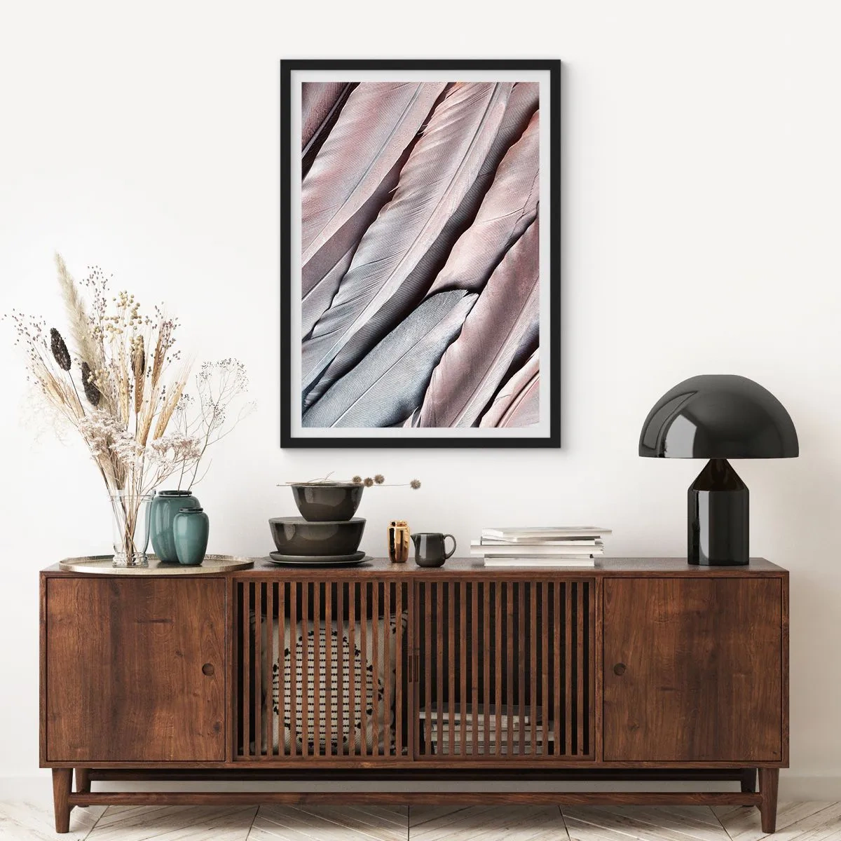 Poster in black frame - Close-up of delicate, pastel feathers - 50x70cm - In Pink Silverness - Modern wall decoration for the living room and bedroom ARTTOR
