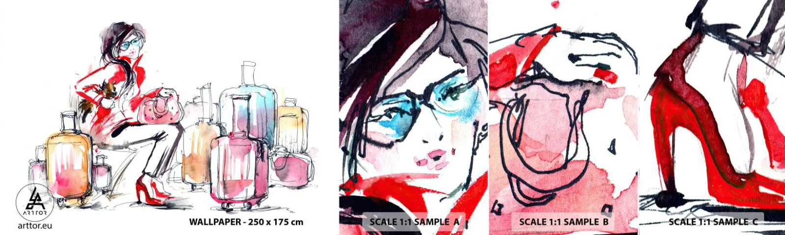 Photo Wallpaper Sample Self-Adhesive Deluxe Sticker - Let's Sit down before Travel - Woman, Trip, Suitcase - 100x30 cm