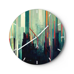 Wall clock - Clock on glass - A colorful abstraction with vertical lines resembling a city - 30x30cm - Futuristic City - Modern wall decoration for the living room, kitchen, and bedroom ARTTOR