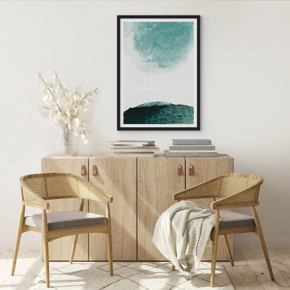 Poster in black frame - Abstract landscape in shades of green and white - 50x70cm - Encounter With Fog - Modern wall decoration for the living room and bedroom ARTTOR
