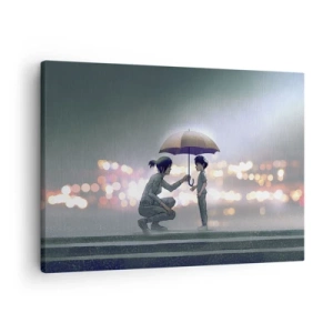 Canvas picture - A figure with an umbrella protecting a child against the backdrop of night lights. - 70x50cm - And Everything Is All Right - Modern wall decoration for the living room and bedroom ARTTOR
