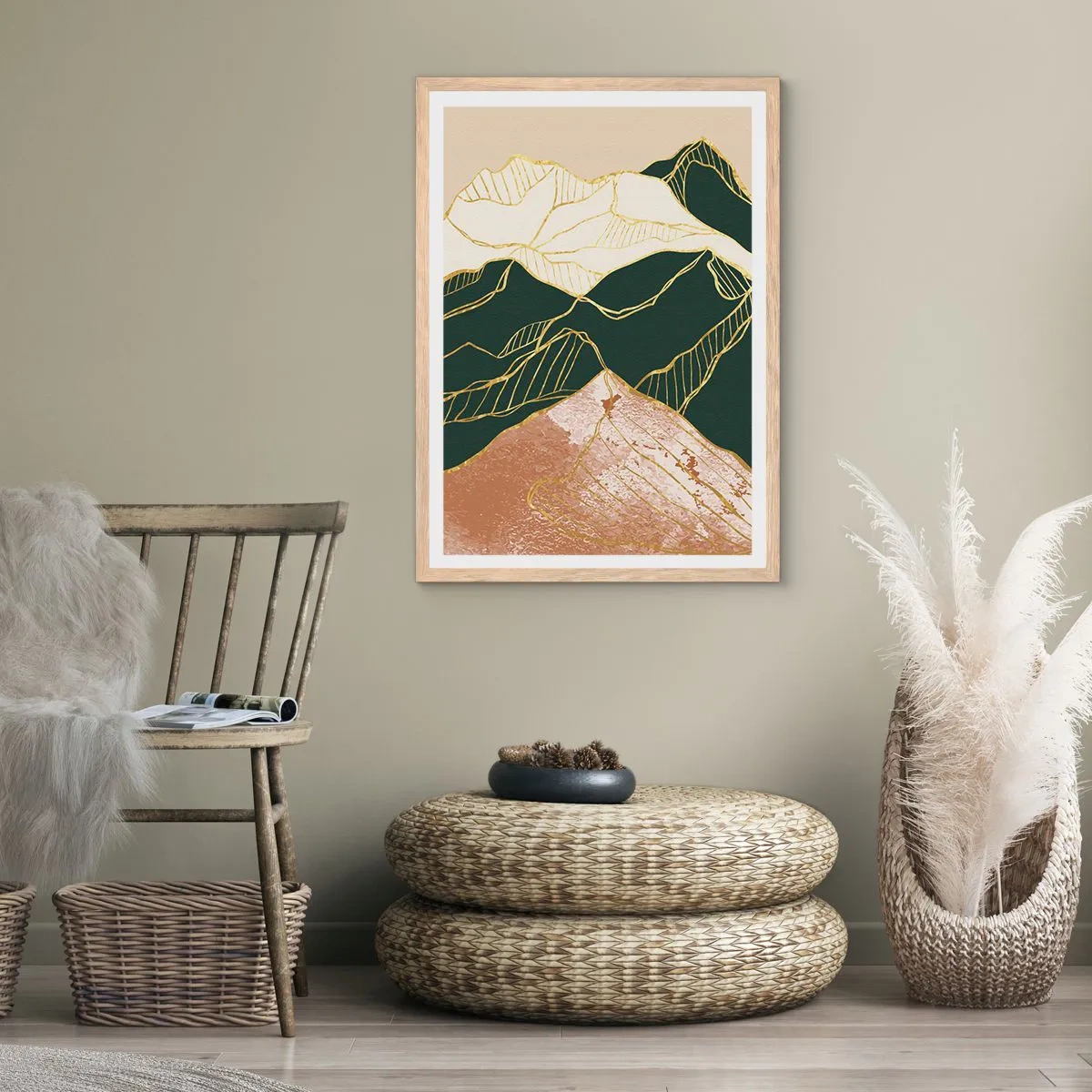 Poster in light oak frame - Golden Peaks - 30x40 cm