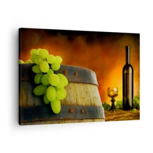 Canvas picture - Grapes on a wine barrel with a warm color scheme in the background - 70x50cm - Still Life with a Bottle of Wine and a Bunch of Grapes - Modern wall decoration for the living room and bedroom ARTTOR