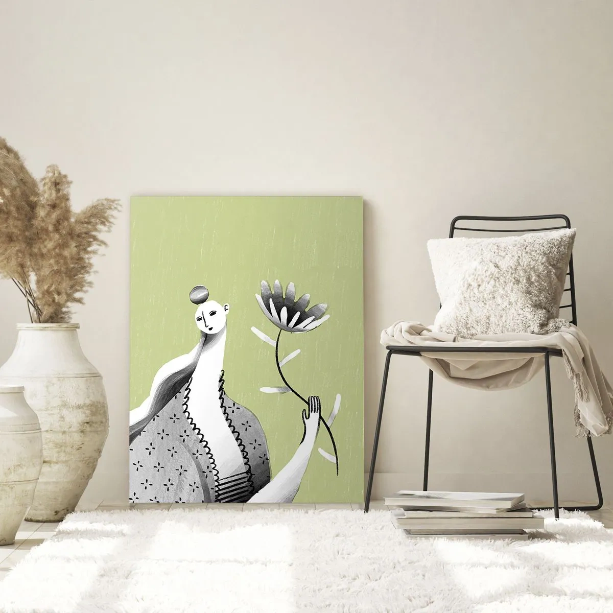 Glass picture - Modernist Portrait - Holding a FLower - 80x120 cm