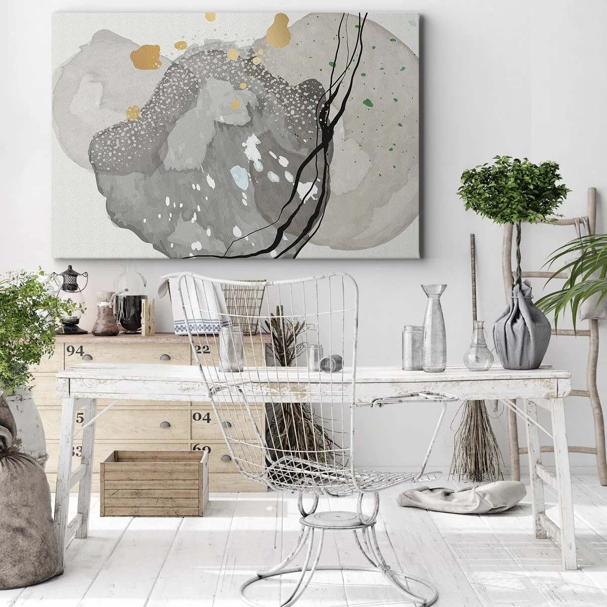 Canvas picture - Organic shapes in shades of gray with accents of black and gold - 70x50cm - Organic Composition - Modern wall decoration for the living room and bedroom ARTTOR