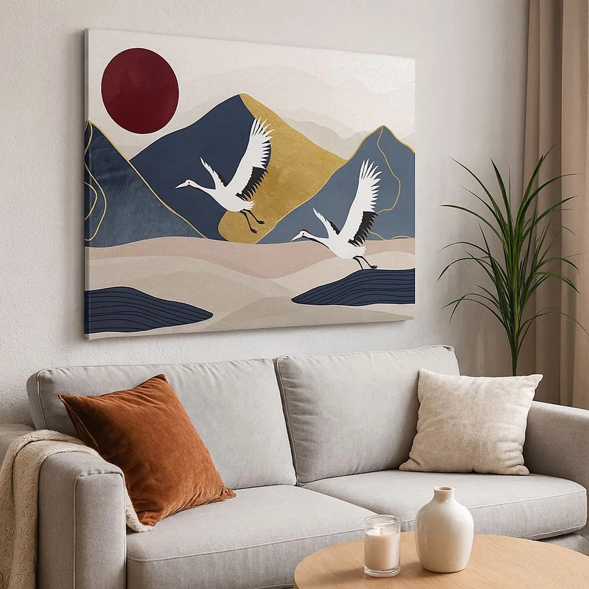 Canvas picture - Cranes in flight against the backdrop of mountains and a red sun - 70x50cm - Another Day Has Flown By - Modern wall decoration for the living room and bedroom ARTTOR