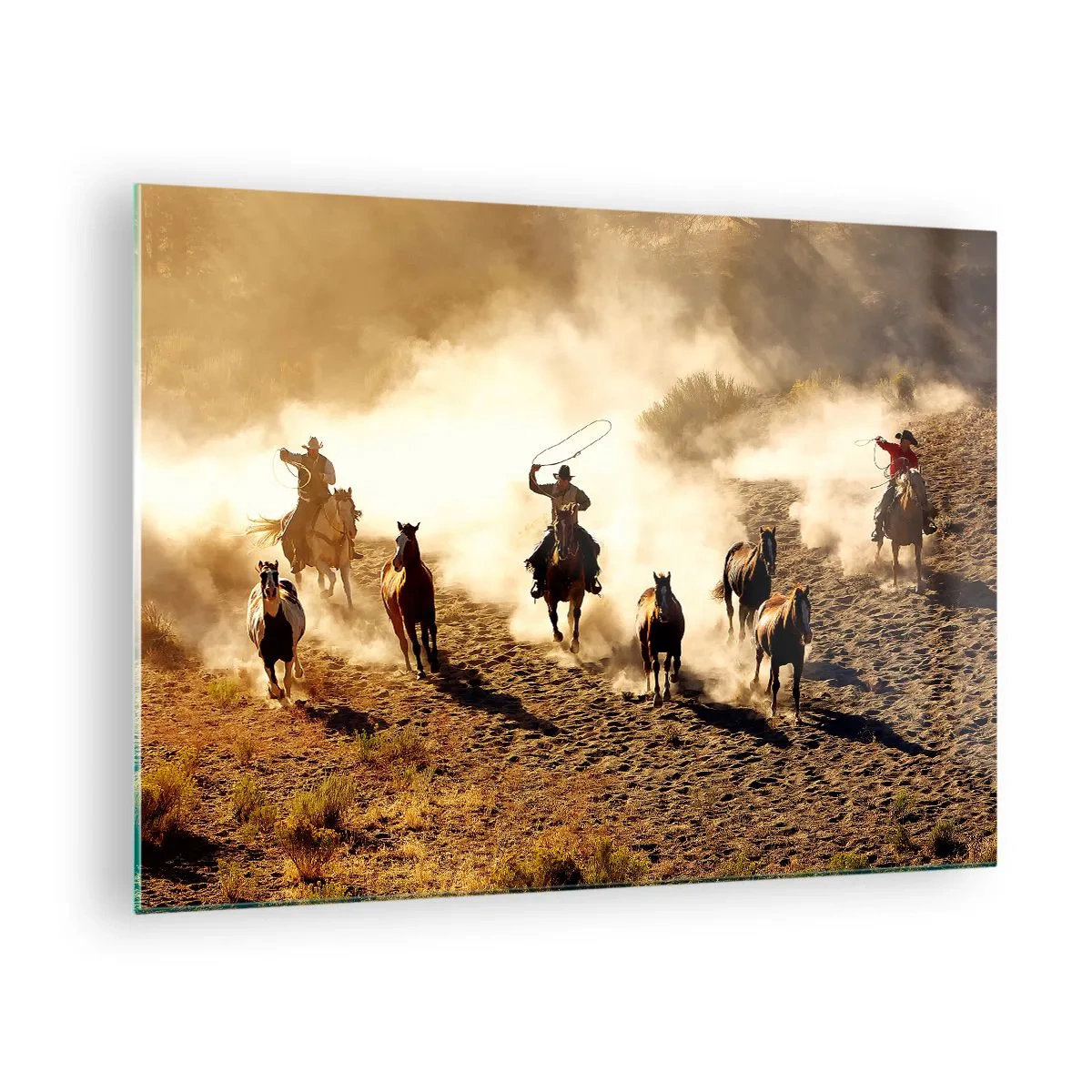 Glass picture - Cowboys on horseback in the dust at a rodeo - 70x50cm - Really Wild West - Modern wall decoration for the living room and bedroom ARTTOR