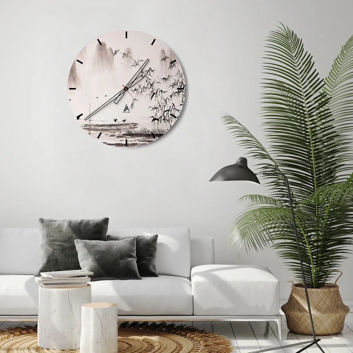 Wall clock - Clock on glass - A minimalist landscape with bamboo, a boat, and birds in black and white. - 30x30cm - Quiet As a Rice Field - Modern wall decoration for the living room, kitchen, and bedroom ARTTOR