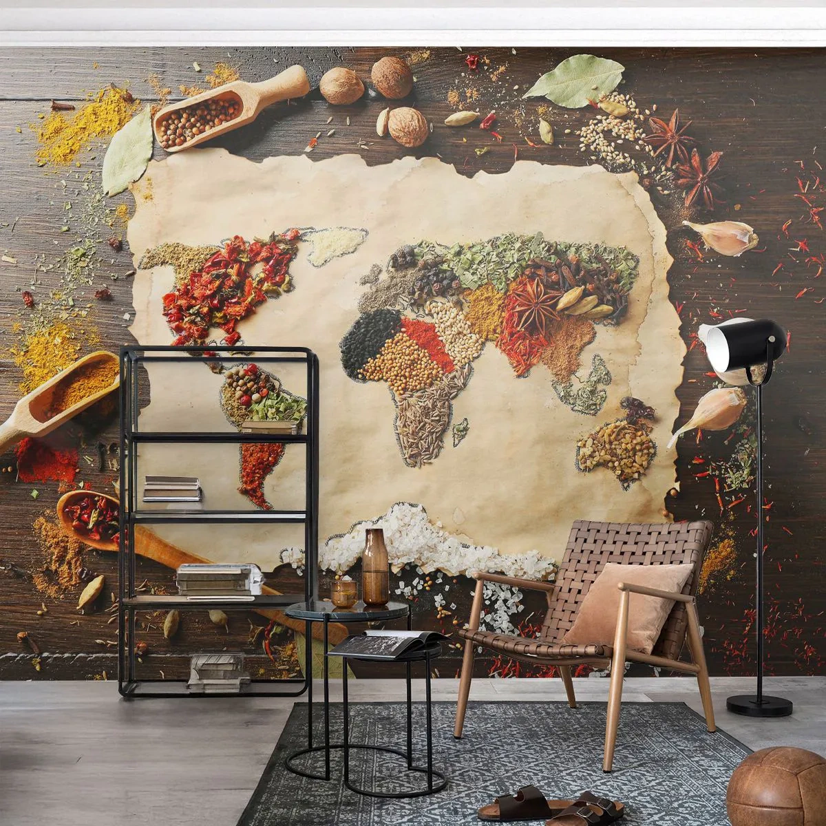 Photo Wallpaper Premium Canvas - All Flavours of the World - Gastronomy, World map, Dried Spices - 250x175 cm