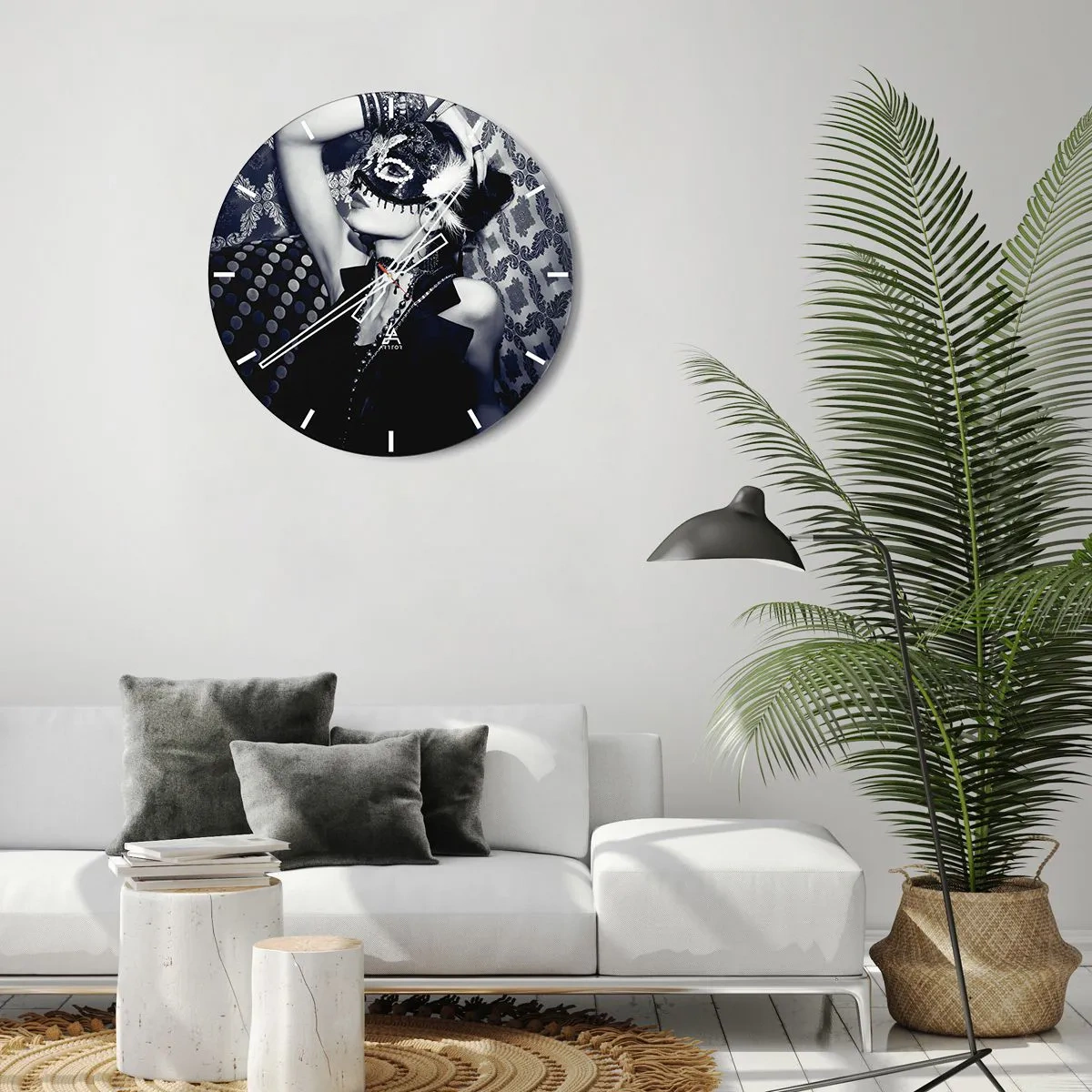 Wall clock - Clock on glass - A woman wearing a decorative mask in a black and white outfit - 30x30cm - Decorations, Ornaments, Patterns - Modern wall decoration for the living room, kitchen, and bedroom ARTTOR