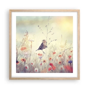 Poster in light oak frame - Bird Portrait with a Meadow in the Background - 50x50 cm