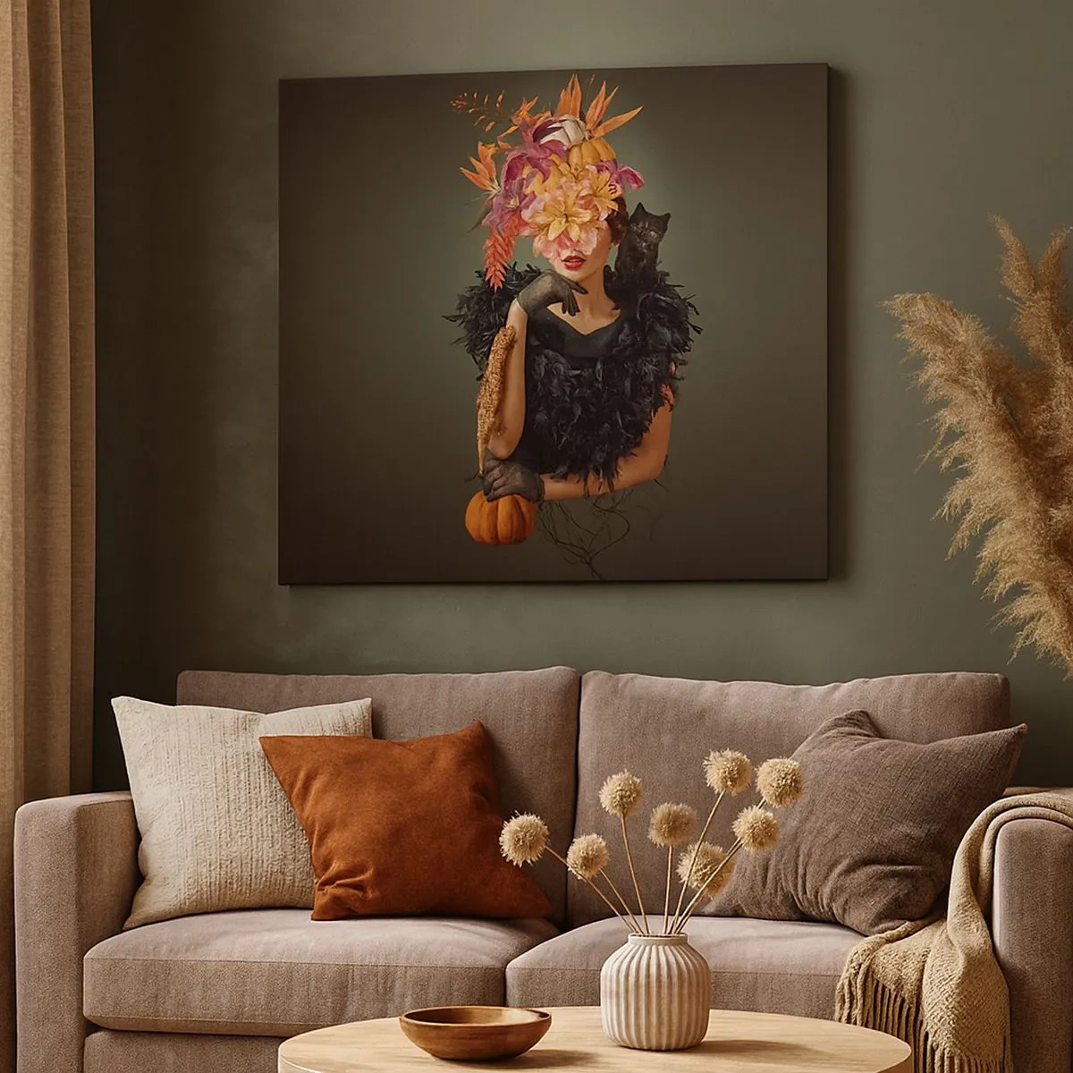Canvas picture - Portrait of a woman with autumn motifs and a cat - 70x50cm - Charm of a Witch - Modern wall decoration for the living room and bedroom ARTTOR