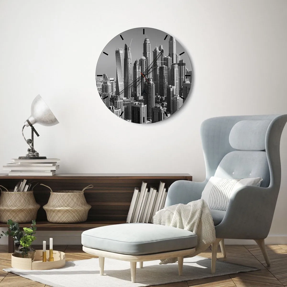 Wall clock - Clock on glass - Panorama of a modern city in black and white - 30x30cm - City over a Desert - Modern wall decoration for the living room, kitchen, and bedroom ARTTOR