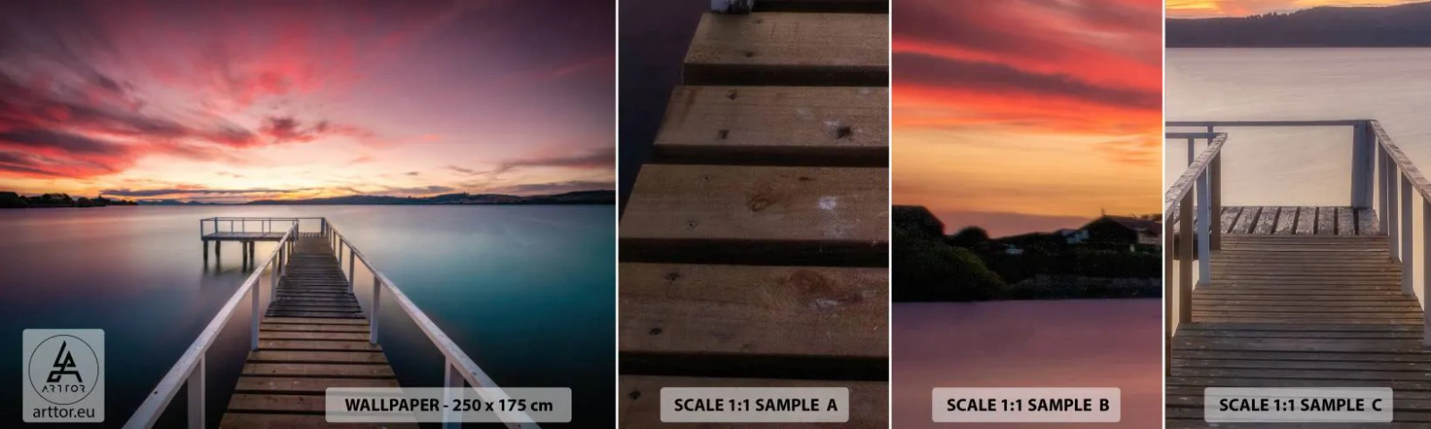 Photo Wallpaper Sample Standard Eco - Mild Flame of an Evening - Landscape, Sunset, Wooden Pier - 100x30 cm