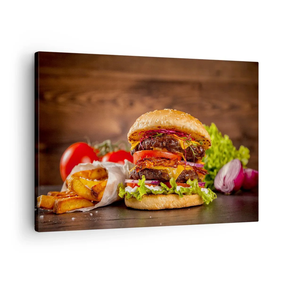 Canvas picture - Appetizing burger with extras - 70x50cm - Forbidden Fruit - Modern wall decoration for the living room and bedroom ARTTOR